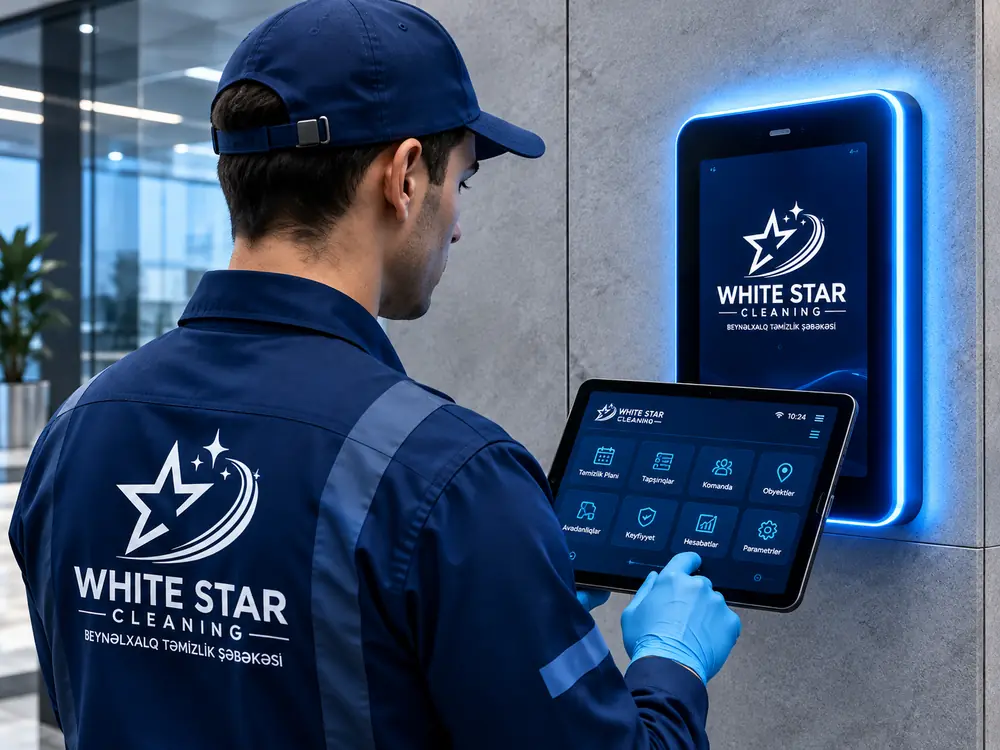 Planşetlə işləyən White Star Cleaning əməkdaşı və işıqlı smart terminal